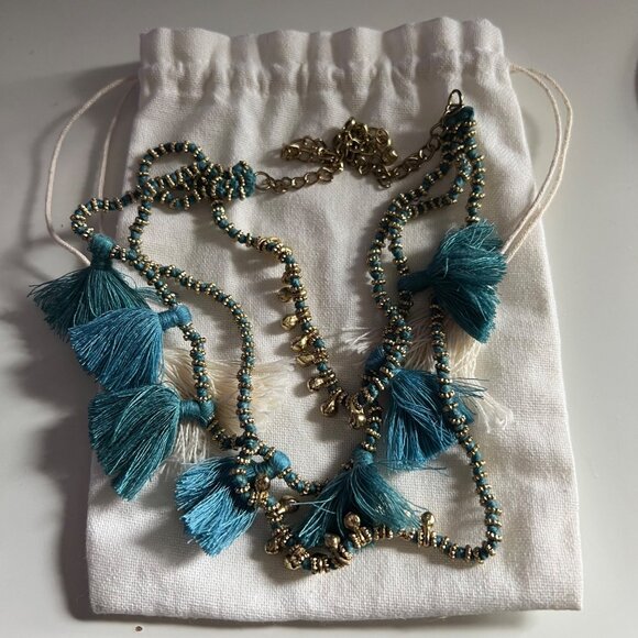 Bluma Project Luna Necklace Blue Tassel Gold Tone Triple Strand Statement - Picture 6 of 7